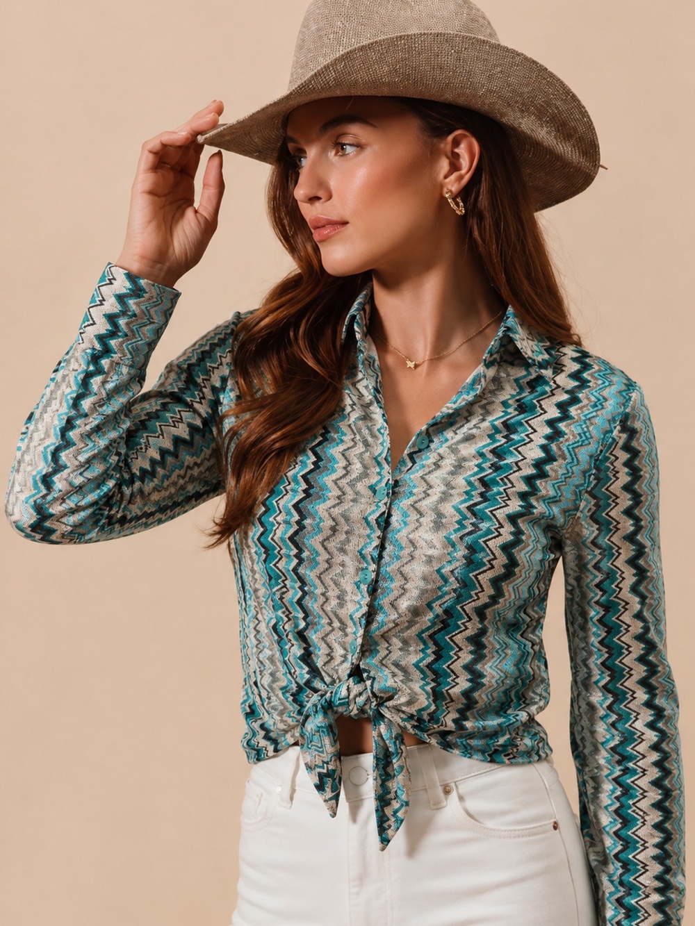 Vintage Casting France Missoni-inspired Chevron Pattern Tie-Front Blouse